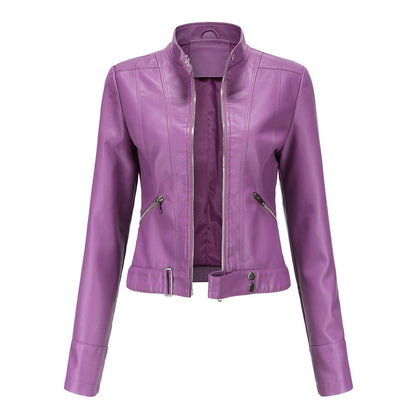 Chic Leather Jacket for Women with Stand Collar Long Sleeve Zip Front Cropped Biker Style