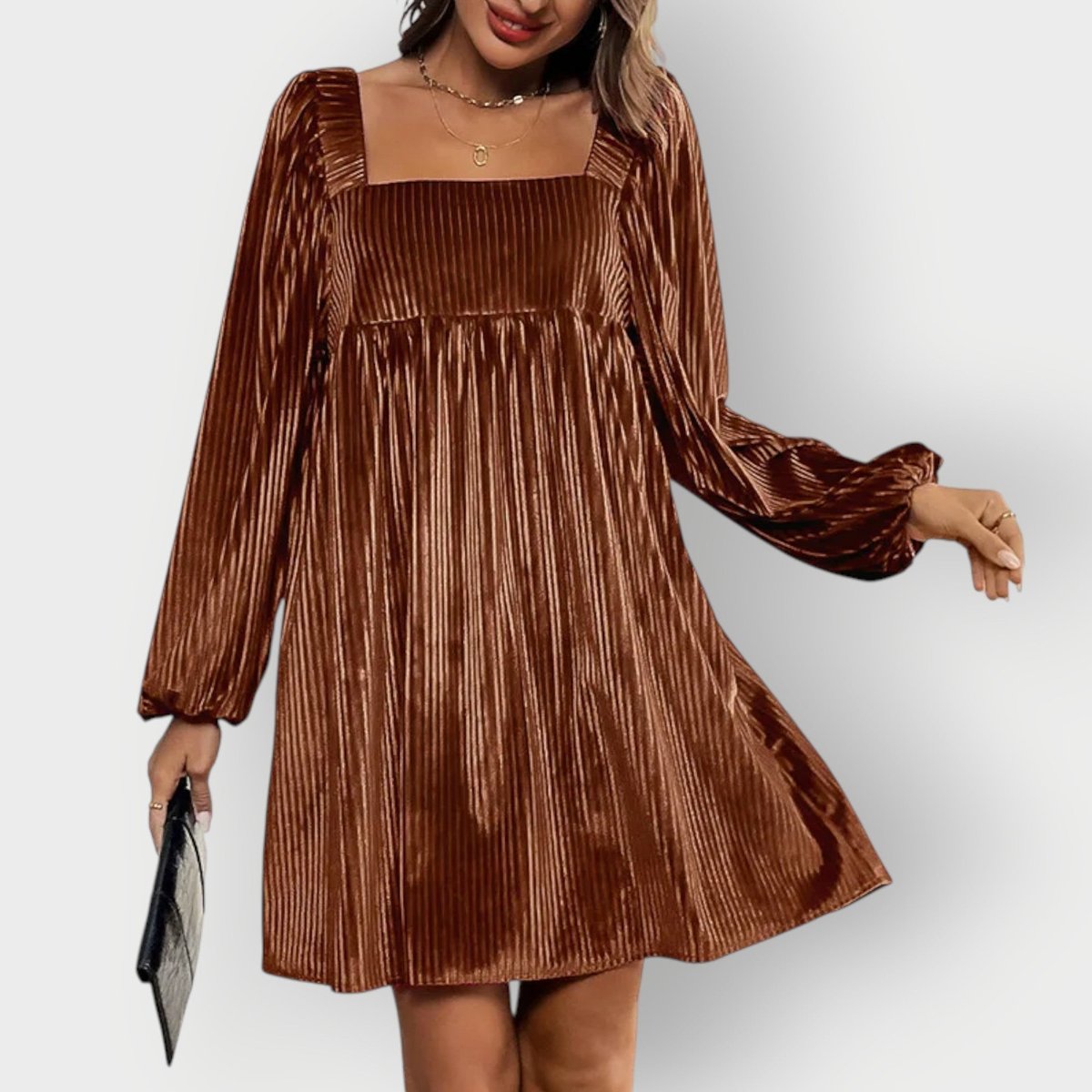 Elegant Brown Dress for Women with Square Neck Balloon Sleeve Velvet Tie Back Flowing Style