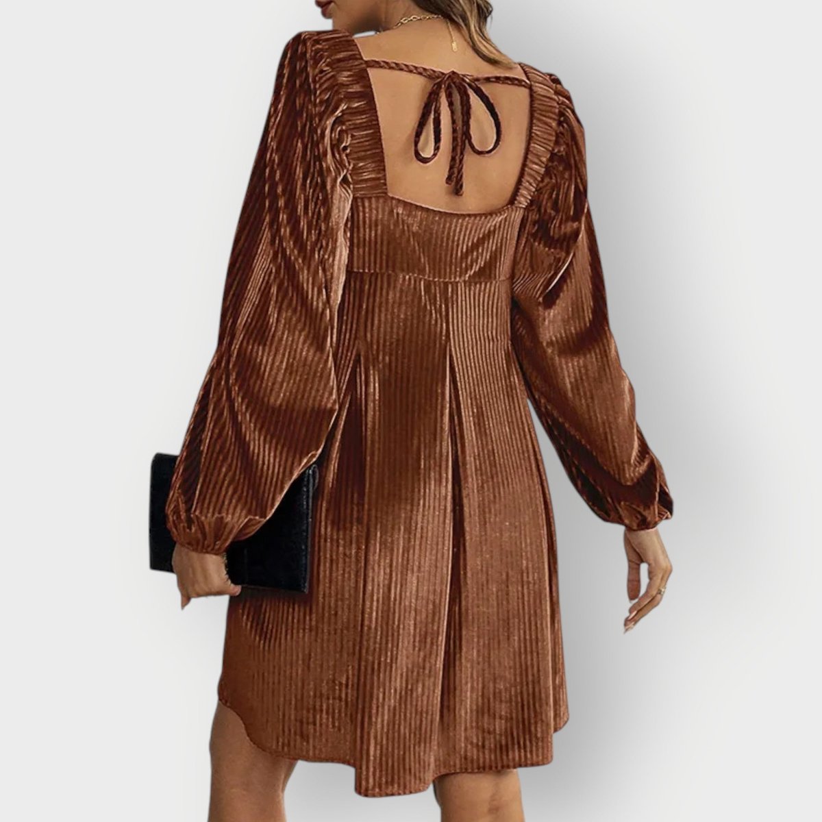 Elegant Brown Dress for Women with Square Neck Balloon Sleeve Velvet Tie Back Flowing Style