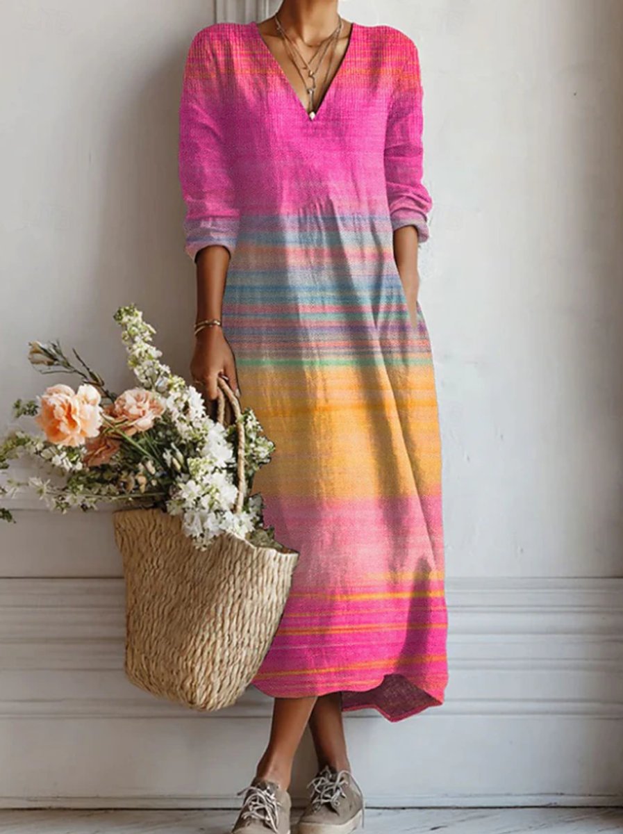 Effortless Rainbow Stripe Maxi Dress for Women with V Neck Long Sleeve Linen Relaxed Style
