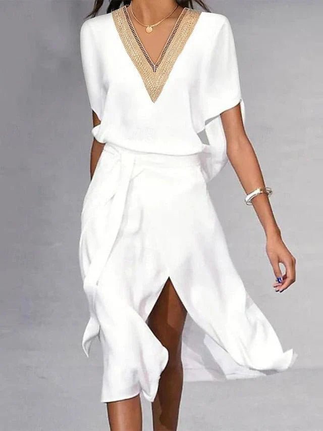 Elegant Wedding Guest Dress for Women with V Neck Short Sleeve Wrap Midi Formal Style