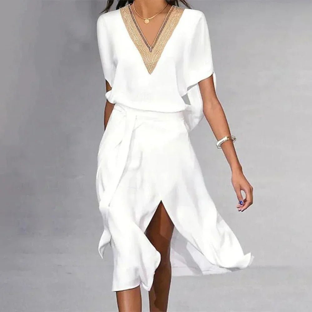 Elegant Wedding Guest Dress for Women with V Neck Short Sleeve Wrap Midi Formal Style
