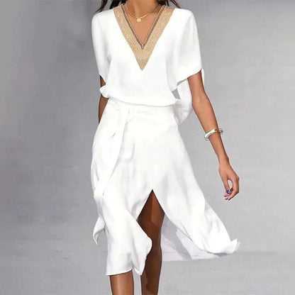 Elegant Wedding Guest Dress for Women with V Neck Short Sleeve Wrap Midi Formal Style