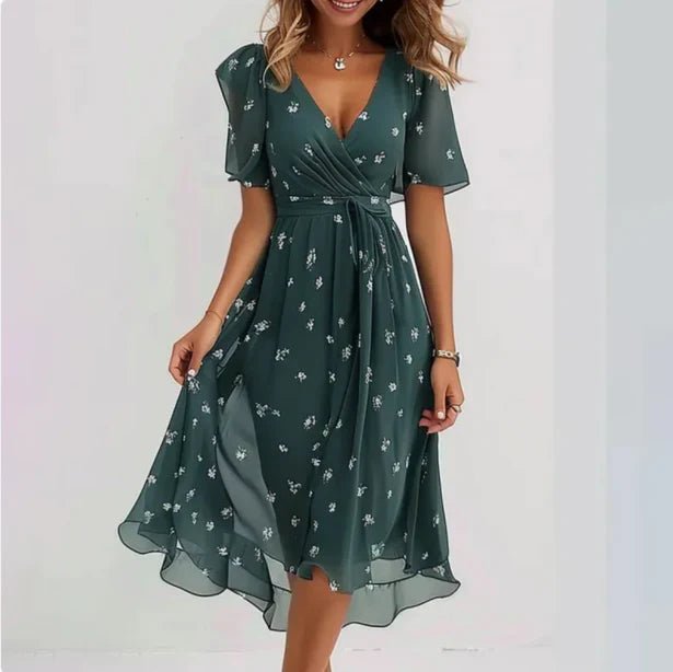 Elegant Wedding Guest Dress for Women with V Neck Short Sleeve Floral Midi Formal Style