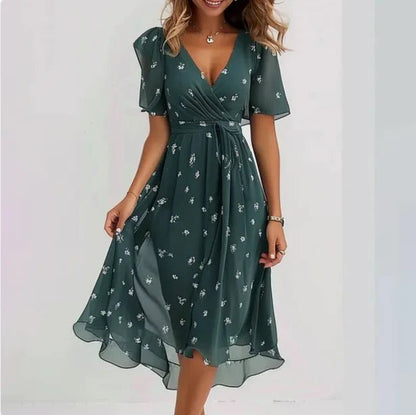 Elegant Wedding Guest Dress for Women with V Neck Short Sleeve Floral Midi Formal Style
