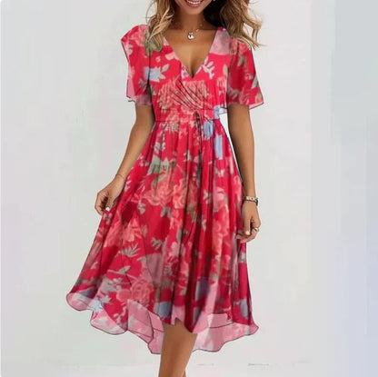 Elegant Wedding Guest Dress for Women with V Neck Short Sleeve Floral Midi Formal Style