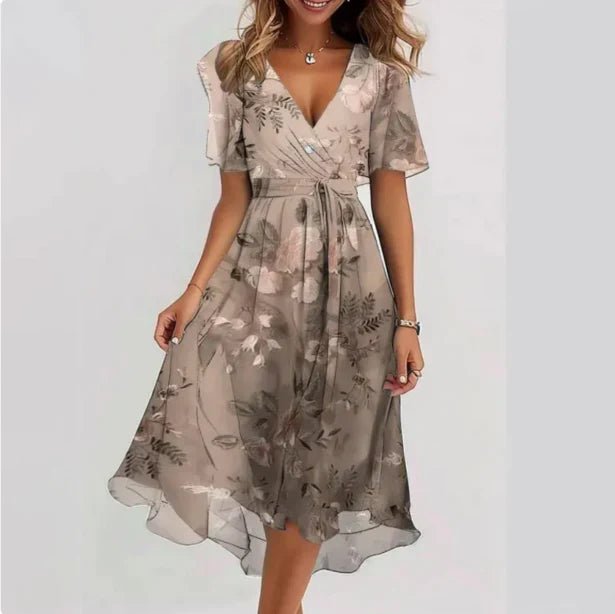 Elegant Wedding Guest Dress for Women with V Neck Short Sleeve Floral Midi Formal Style