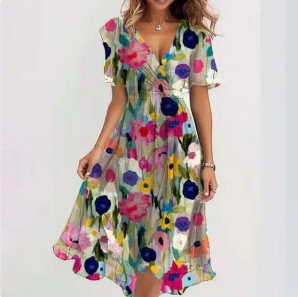 Elegant Wedding Guest Dress for Women with V Neck Short Sleeve Floral Midi Formal Style