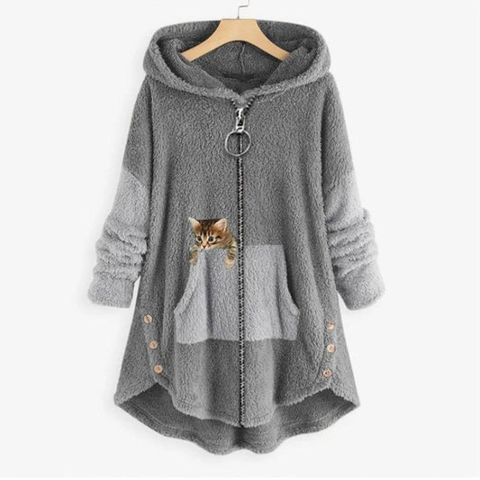 Comfortable Cat Print Fleece Sweatshirt for Women with Hooded Long Sleeve High Low Oversized Casual Style