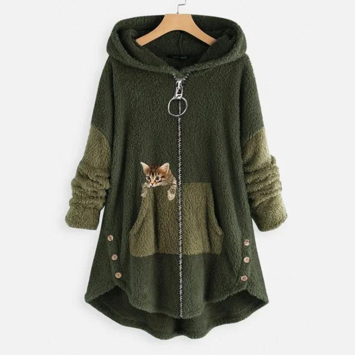 Comfortable Cat Print Fleece Sweatshirt for Women with Hooded Long Sleeve High Low Oversized Casual Style