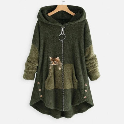 Comfortable Cat Print Fleece Sweatshirt for Women with Hooded Long Sleeve High Low Oversized Casual Style