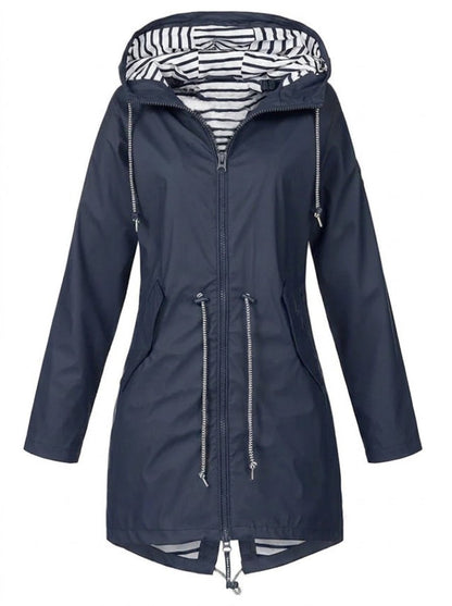 Effortless Striped Lined Rain Jacket for Women with Hooded Long Sleeve Drawstring Waist Casual Style