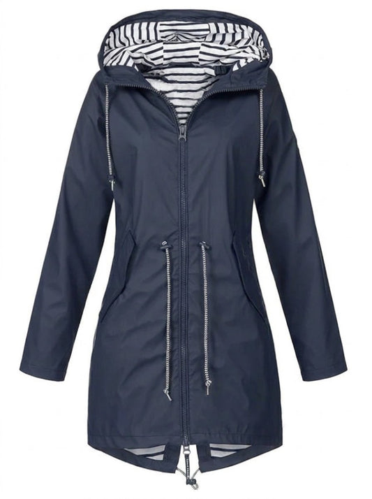Effortless Striped Lined Rain Jacket for Women with Hooded Long Sleeve Drawstring Waist Casual Style