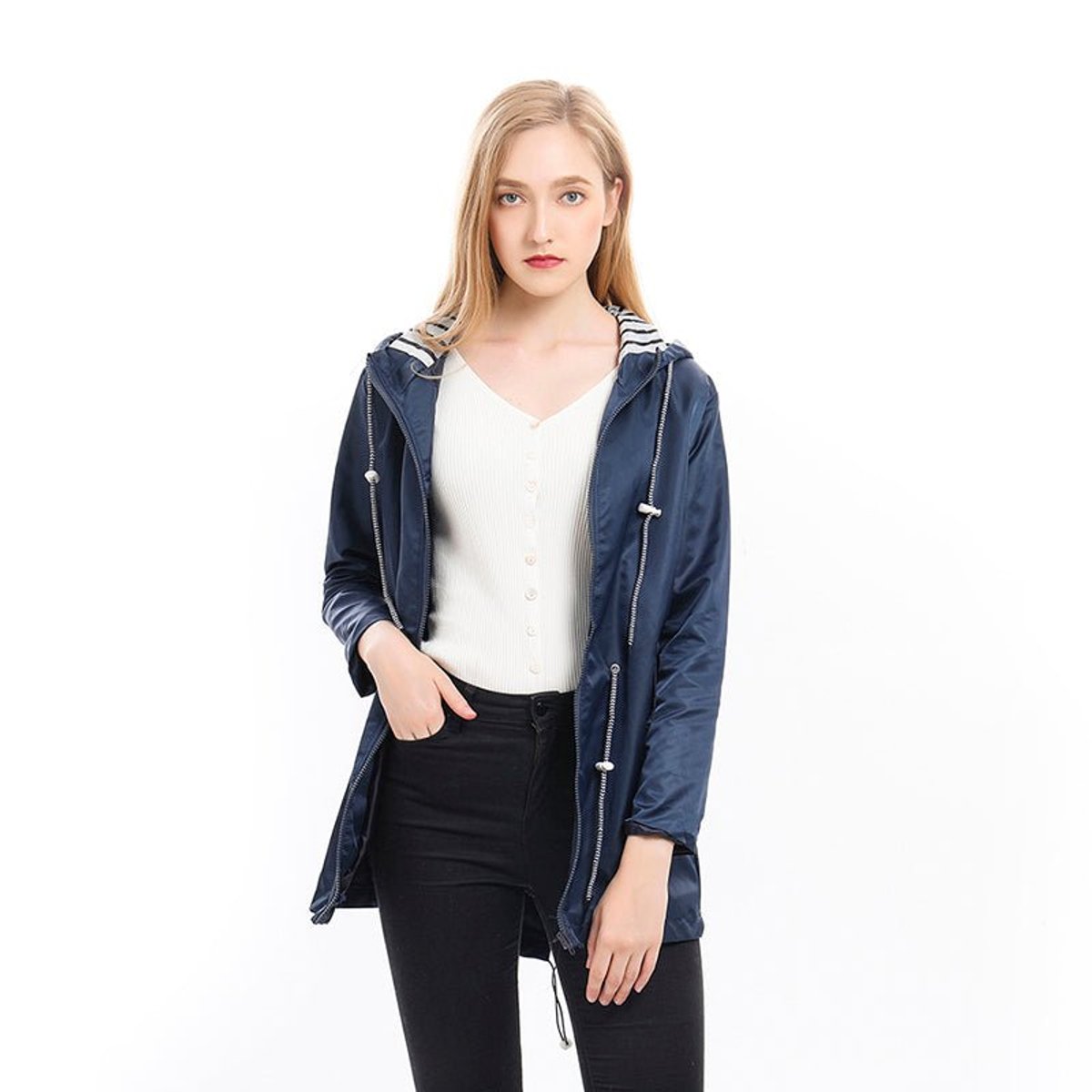 Effortless Striped Lined Rain Jacket for Women with Hooded Long Sleeve Drawstring Waist Casual Style