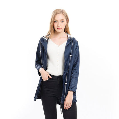 Effortless Striped Lined Rain Jacket for Women with Hooded Long Sleeve Drawstring Waist Casual Style