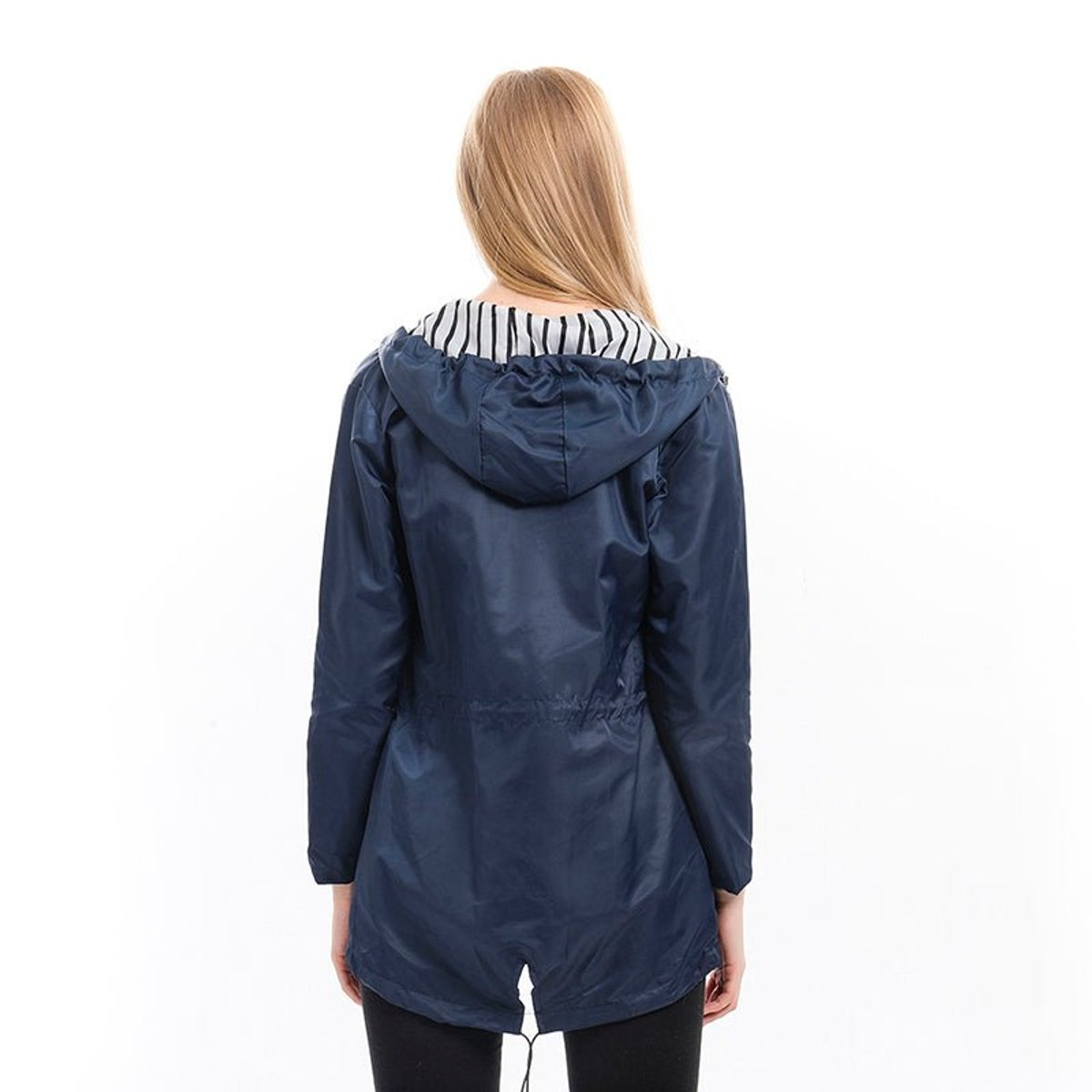 Effortless Striped Lined Rain Jacket for Women with Hooded Long Sleeve Drawstring Waist Casual Style