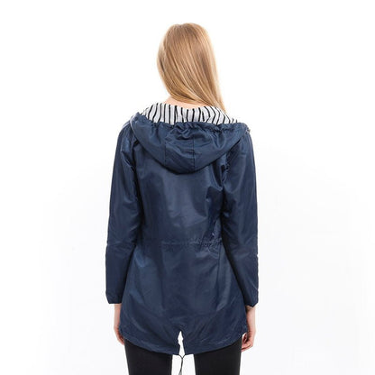 Effortless Striped Lined Rain Jacket for Women with Hooded Long Sleeve Drawstring Waist Casual Style