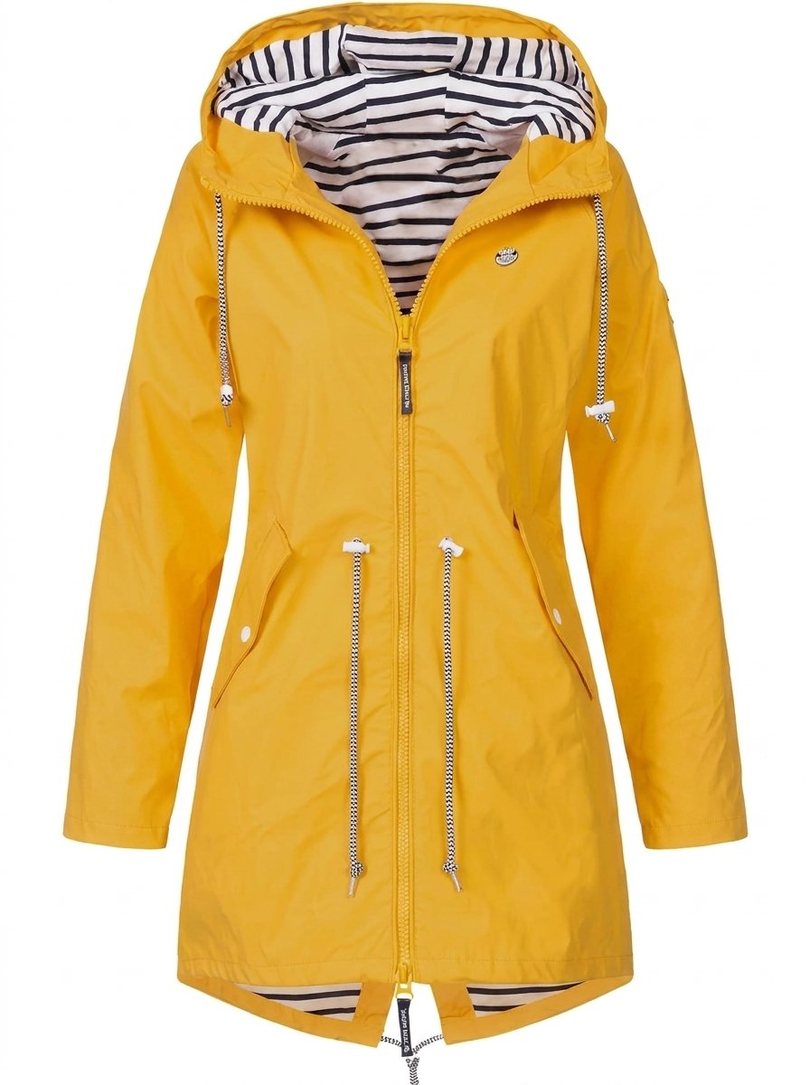 Effortless Striped Lined Rain Jacket for Women with Hooded Long Sleeve Drawstring Waist Casual Style