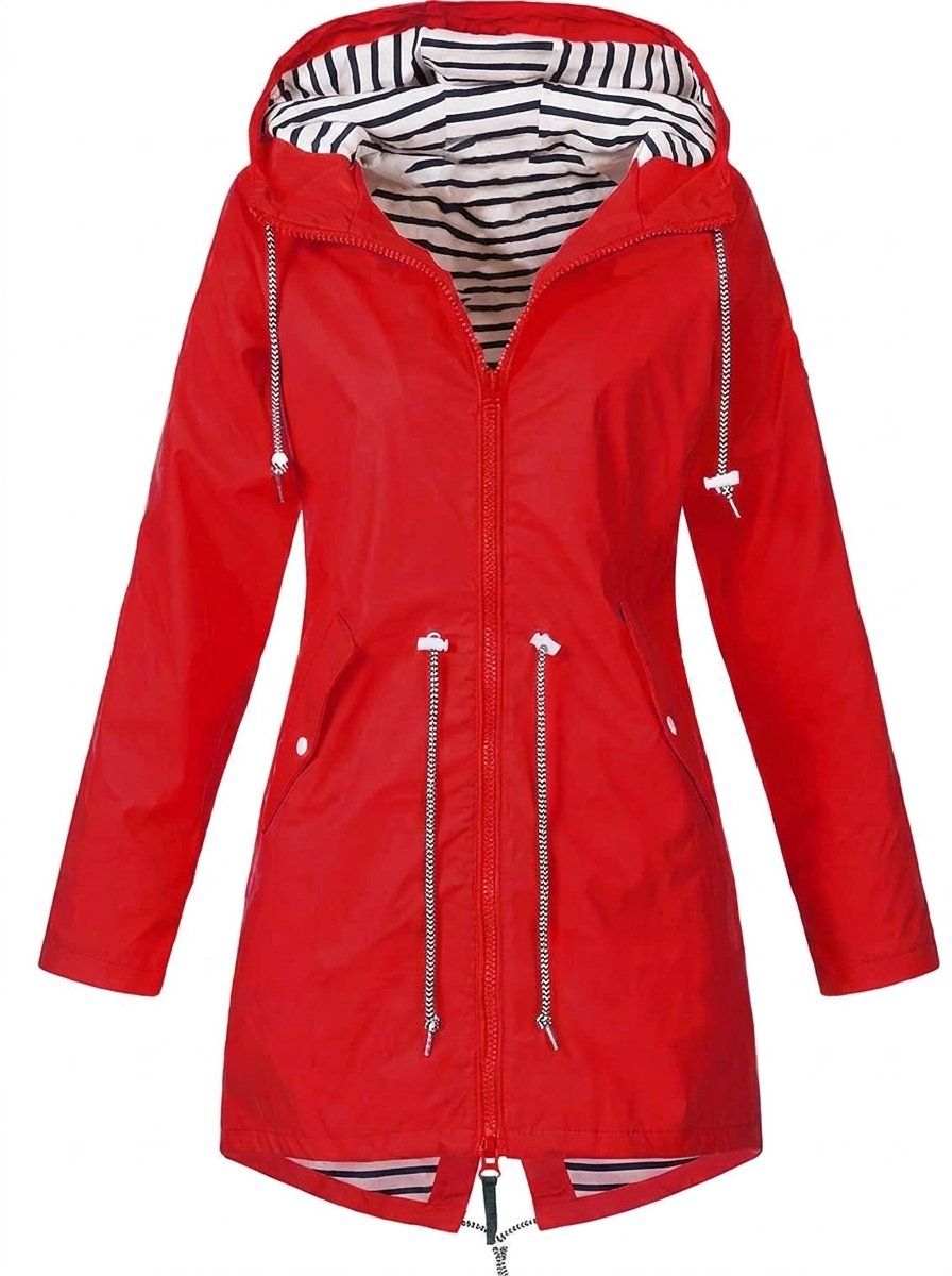 Effortless Striped Lined Rain Jacket for Women with Hooded Long Sleeve Drawstring Waist Casual Style
