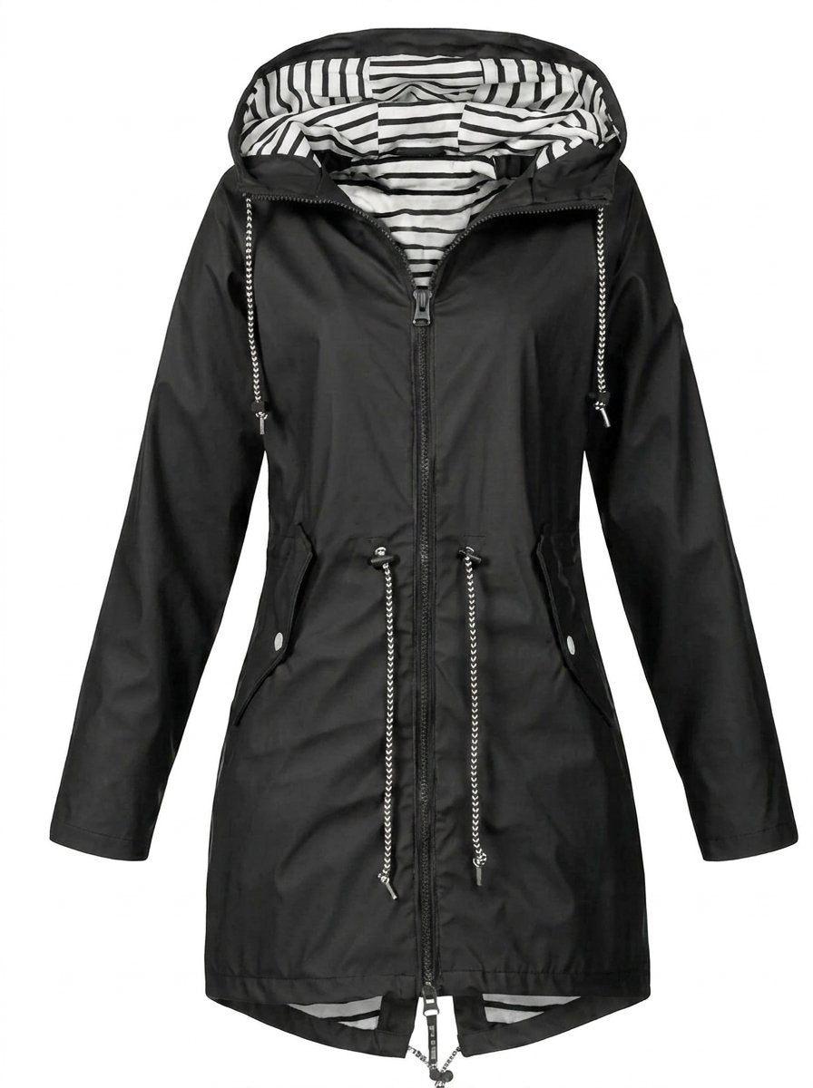 Effortless Striped Lined Rain Jacket for Women with Hooded Long Sleeve Drawstring Waist Casual Style