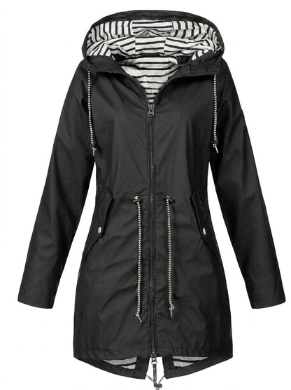 Effortless Striped Lined Rain Jacket for Women with Hooded Long Sleeve Drawstring Waist Casual Style