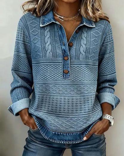 Effortless Cable Knit Sweatshirt for Women with Collar Long Sleeve Button Front Relaxed Style