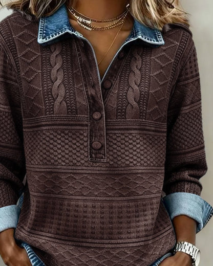 Effortless Cable Knit Sweatshirt for Women with Collar Long Sleeve Button Front Relaxed Style