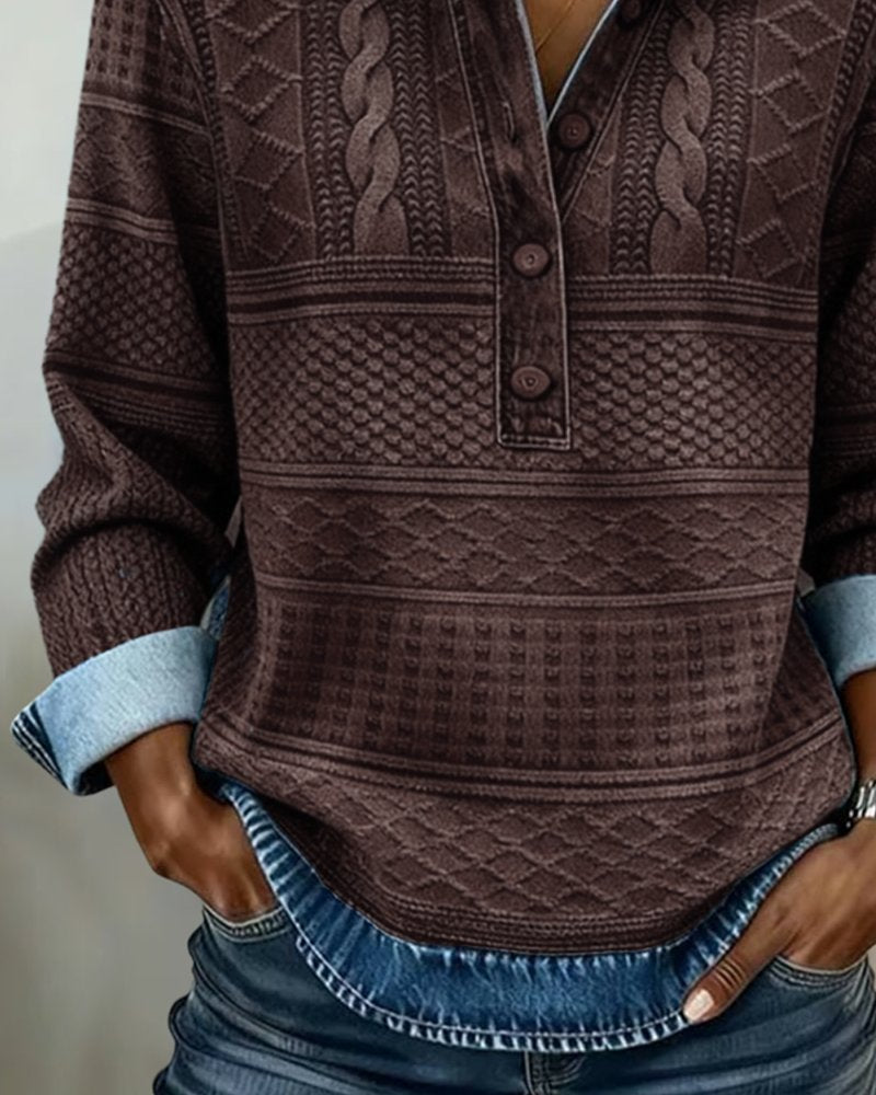 Effortless Cable Knit Sweatshirt for Women with Collar Long Sleeve Button Front Relaxed Style