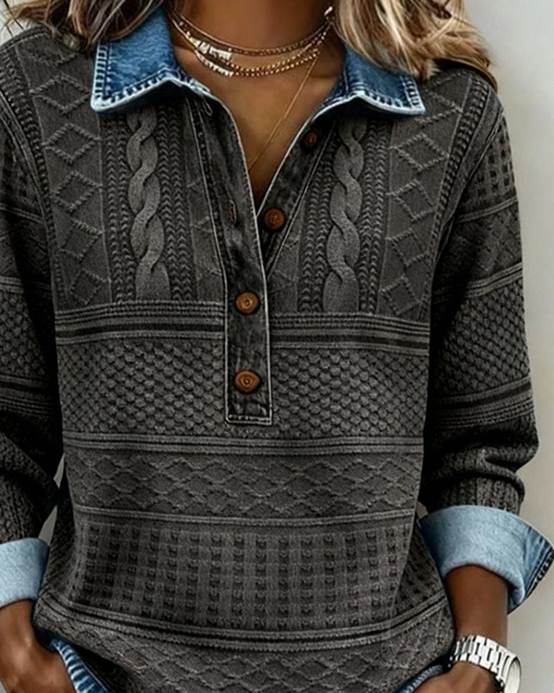 Effortless Cable Knit Sweatshirt for Women with Collar Long Sleeve Button Front Relaxed Style