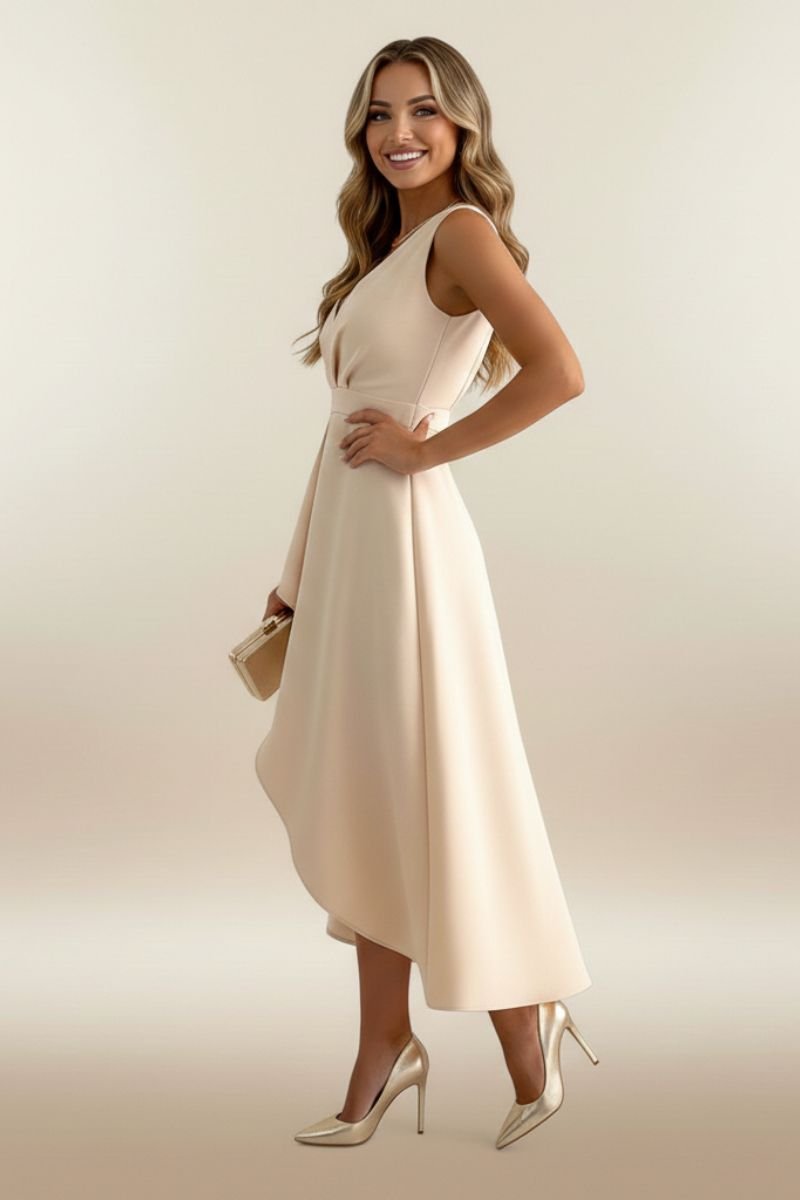 Elegant Wedding Guest Dress for Women with V Neck Sleeveless Wrap Asymmetric Midi Formal Style