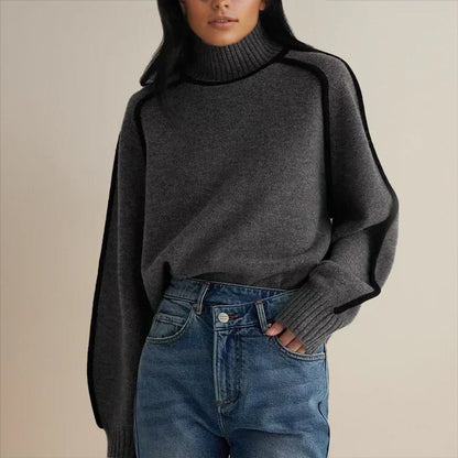 Comfortable Contrast Piping Sweater for Women with Turtleneck Long Sleeve Oversized Ribbed Knit Style