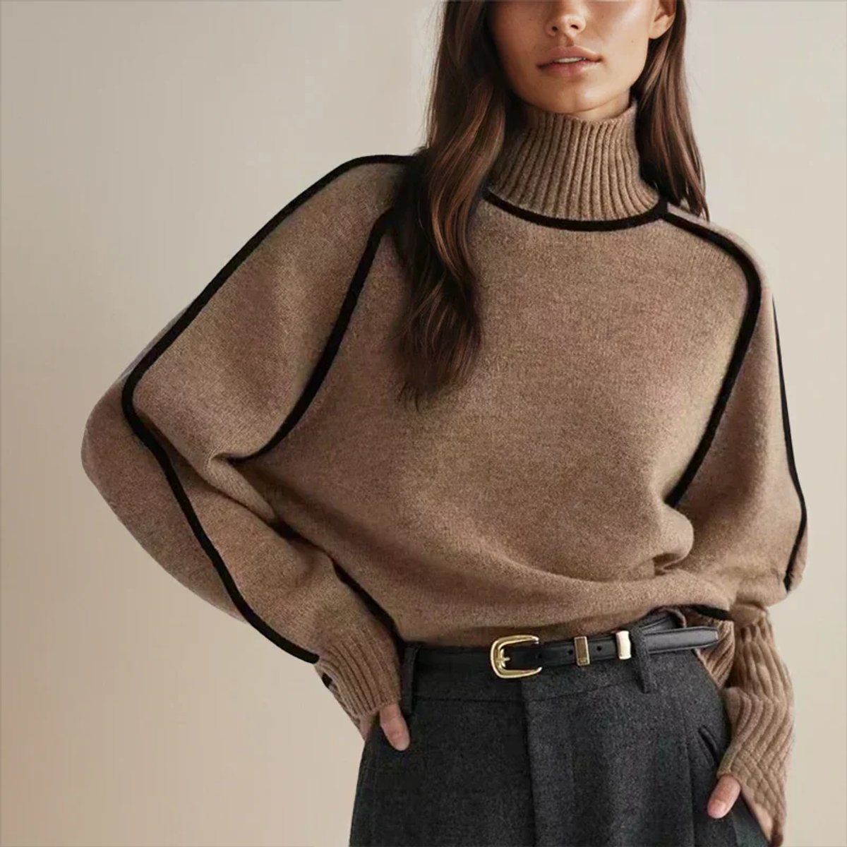 Comfortable Contrast Piping Sweater for Women with Turtleneck Long Sleeve Oversized Ribbed Knit Style