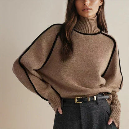 Comfortable Contrast Piping Sweater for Women with Turtleneck Long Sleeve Oversized Ribbed Knit Style