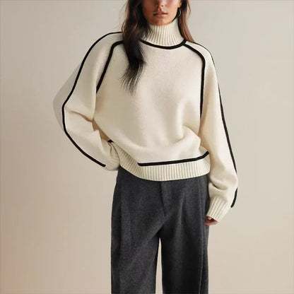 Comfortable Contrast Piping Sweater for Women with Turtleneck Long Sleeve Oversized Ribbed Knit Style