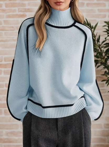 Comfortable Contrast Piping Sweater for Women with Turtleneck Long Sleeve Oversized Ribbed Knit Style
