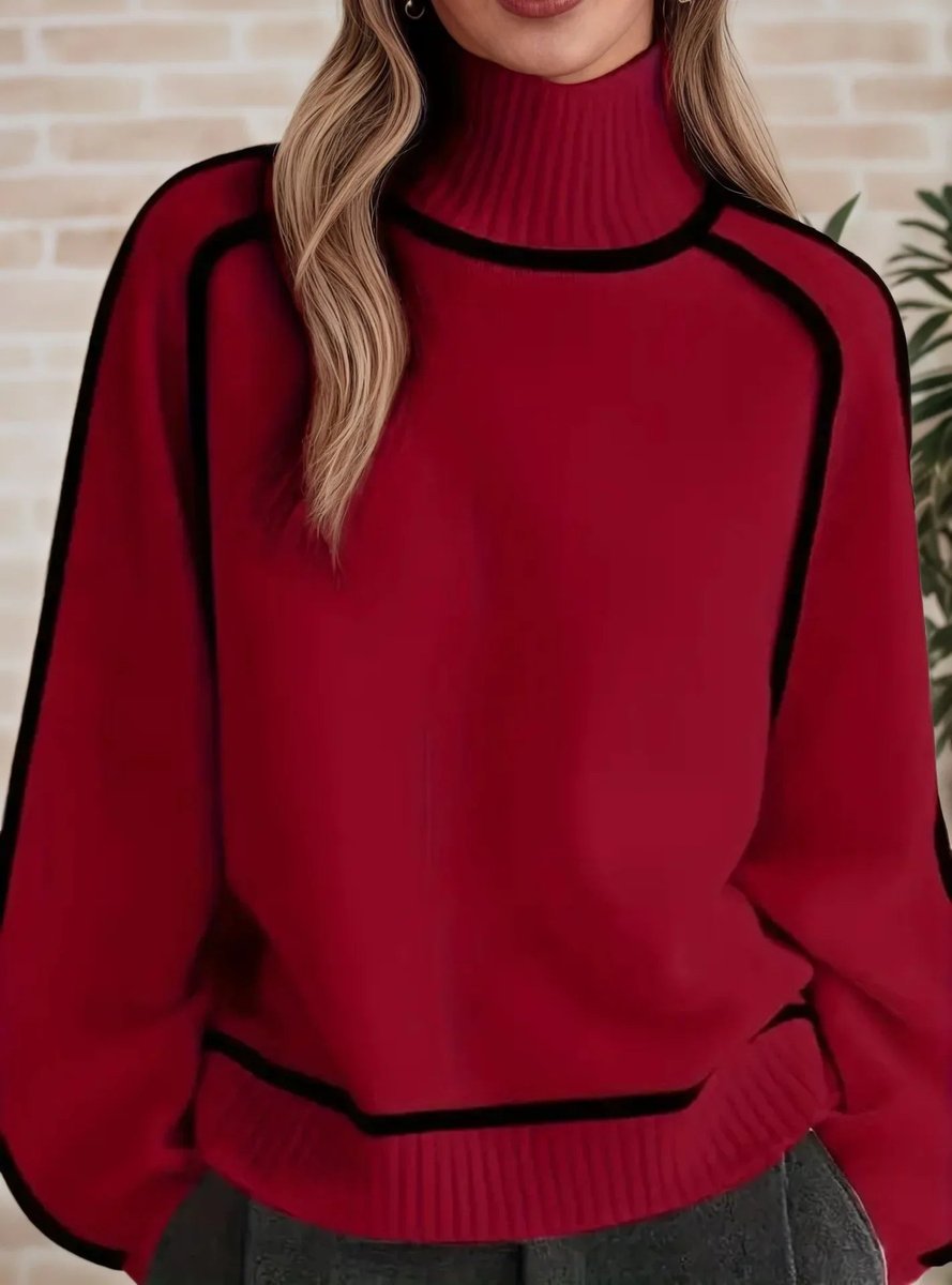 Comfortable Contrast Piping Sweater for Women with Turtleneck Long Sleeve Oversized Ribbed Knit Style