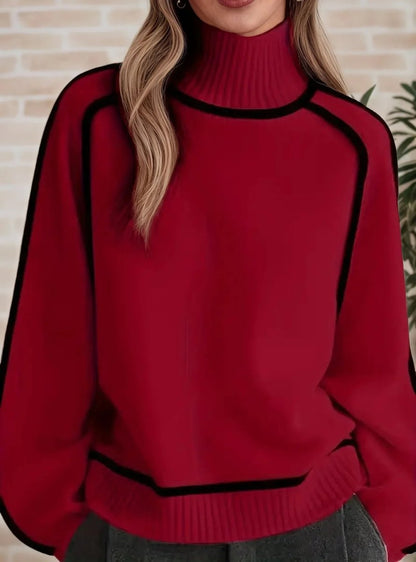 Comfortable Contrast Piping Sweater for Women with Turtleneck Long Sleeve Oversized Ribbed Knit Style