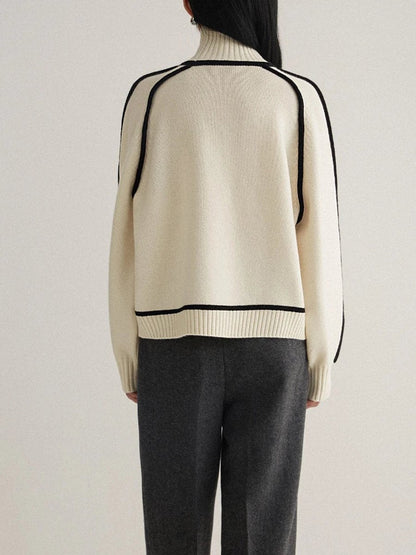 Comfortable Contrast Piping Sweater for Women with Turtleneck Long Sleeve Oversized Ribbed Knit Style