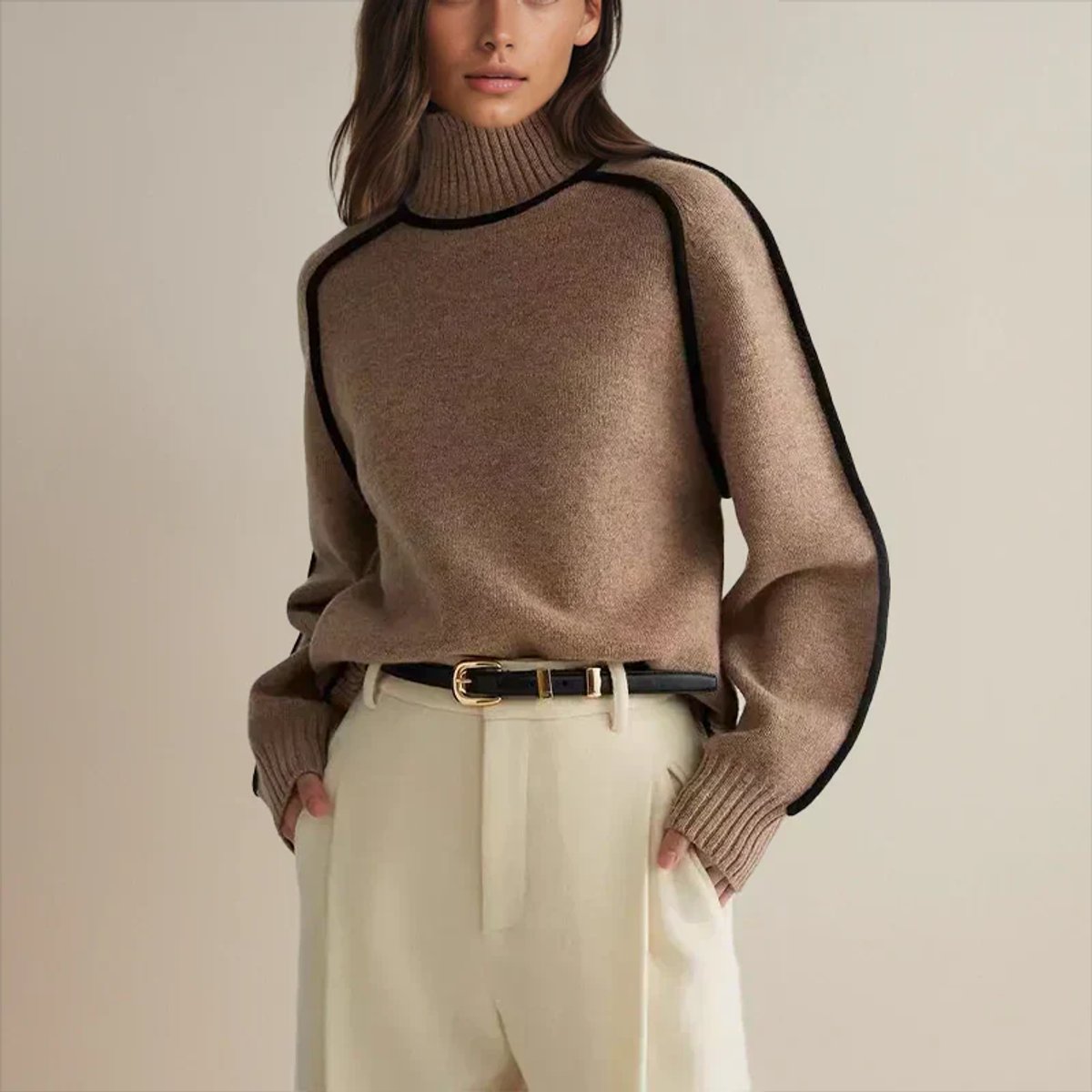 Comfortable Contrast Piping Sweater for Women with Turtleneck Long Sleeve Oversized Ribbed Knit Style