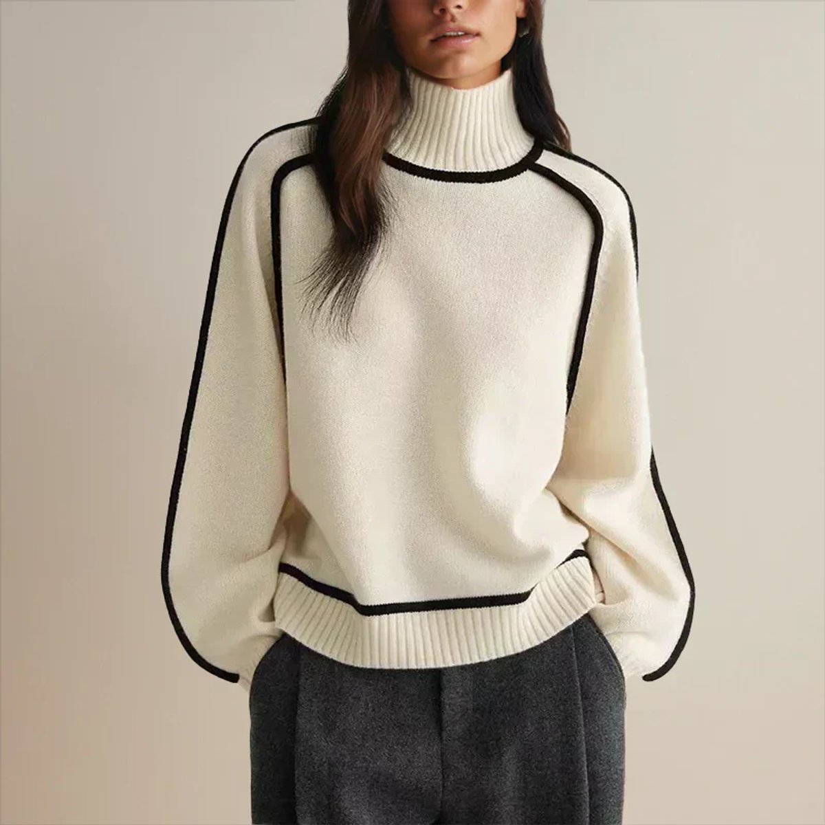 Comfortable Contrast Piping Sweater for Women with Turtleneck Long Sleeve Oversized Ribbed Knit Style