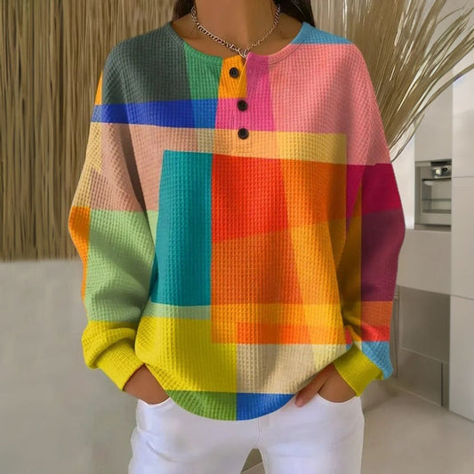 Comfortable Multicolored Colorblock Waffle Knit Sweatshirt for Women with Round Neck Long Sleeve Button Placket Oversized Style