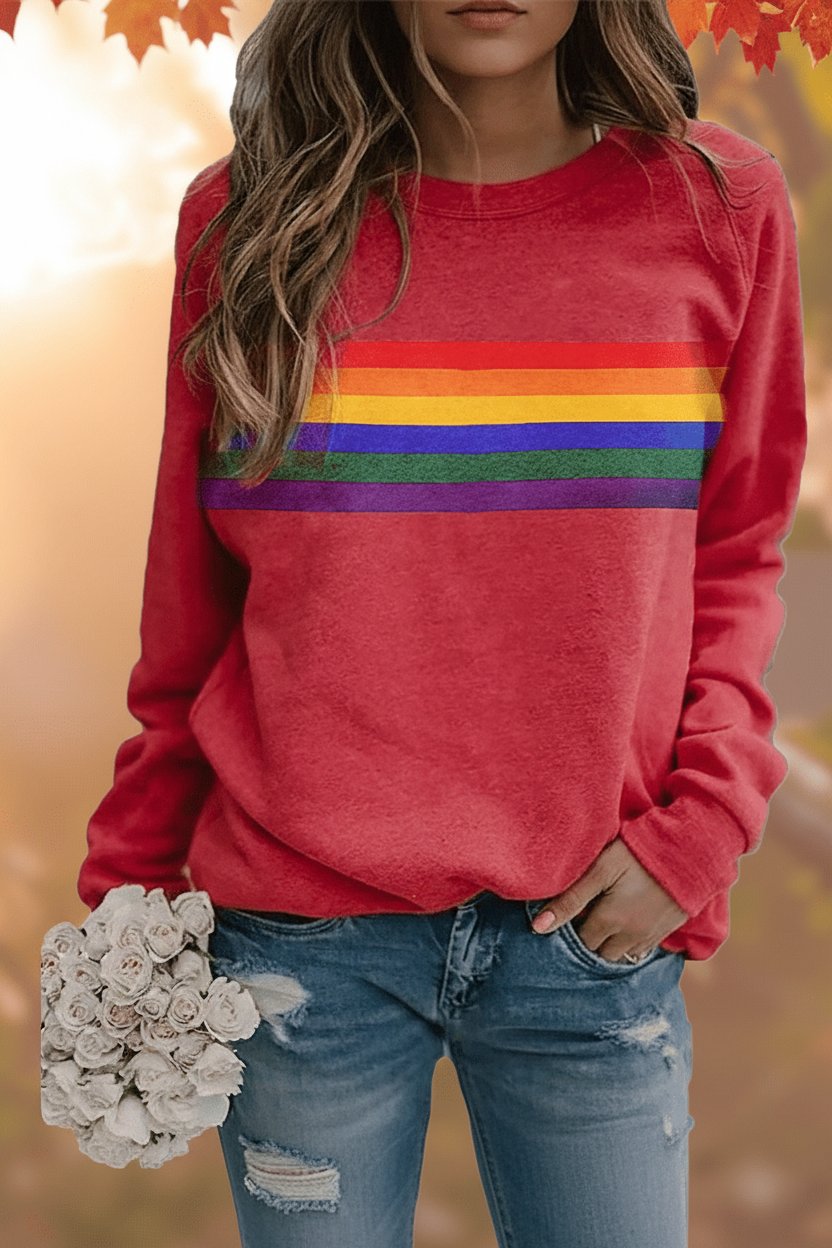 Comfortable Rainbow Striped Sweatshirt for Women with Crew Neck Long Sleeve Relaxed Oversized Style