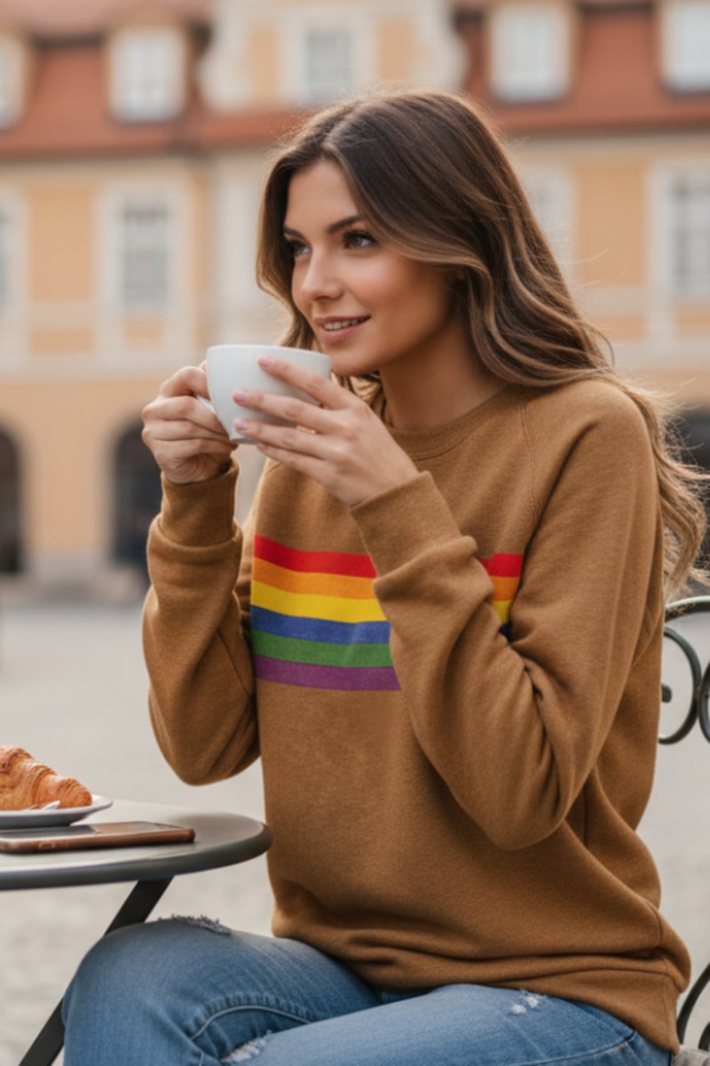Comfortable Rainbow Striped Sweatshirt for Women with Crew Neck Long Sleeve Relaxed Oversized Style