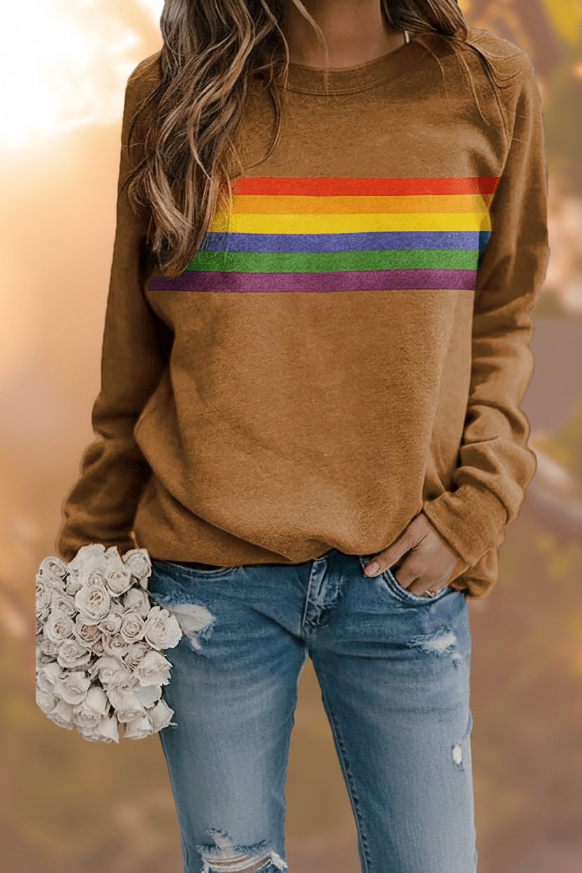 Comfortable Rainbow Striped Sweatshirt for Women with Crew Neck Long Sleeve Relaxed Oversized Style