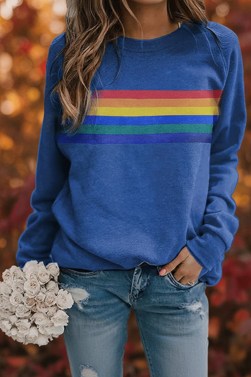 Comfortable Rainbow Striped Sweatshirt for Women with Crew Neck Long Sleeve Relaxed Oversized Style