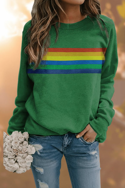 Comfortable Rainbow Striped Sweatshirt for Women with Crew Neck Long Sleeve Relaxed Oversized Style