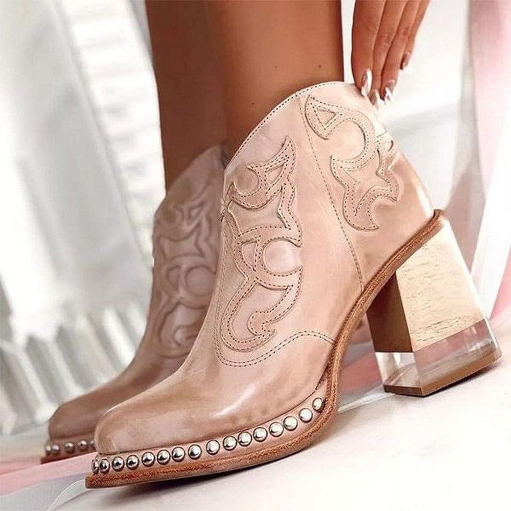 Stylish Cowgirl Boots for Women with Embroidered Ankle Studded Block Heel Western Style