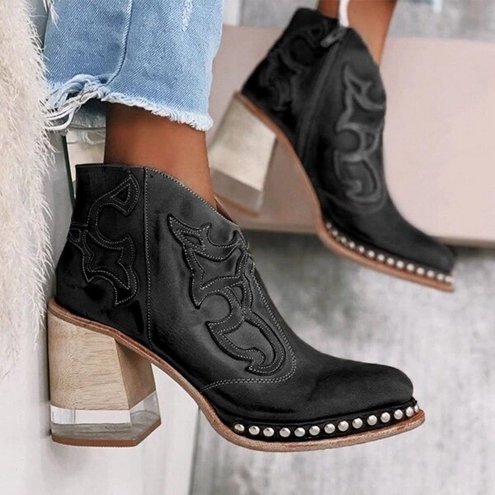 Stylish Cowgirl Boots for Women with Embroidered Ankle Studded Block Heel Western Style