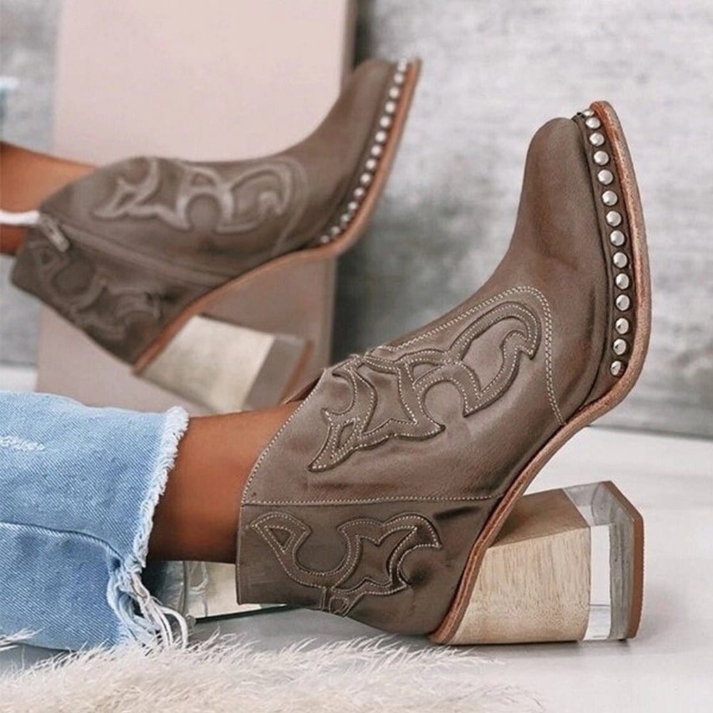 Stylish Cowgirl Boots for Women with Embroidered Ankle Studded Block Heel Western Style