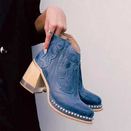Stylish Cowgirl Boots for Women with Embroidered Ankle Studded Block Heel Western Style